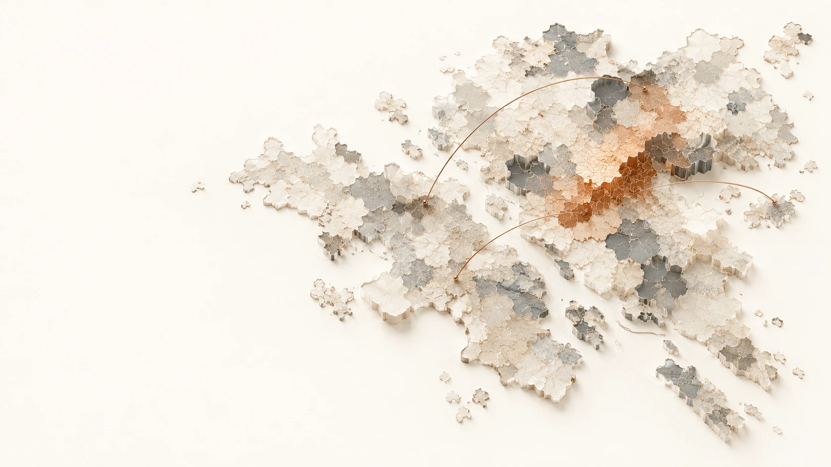 An abstract ivory relief of many irregular pieces, with graphite pockets and slender copper arcs connecting separate regions.
