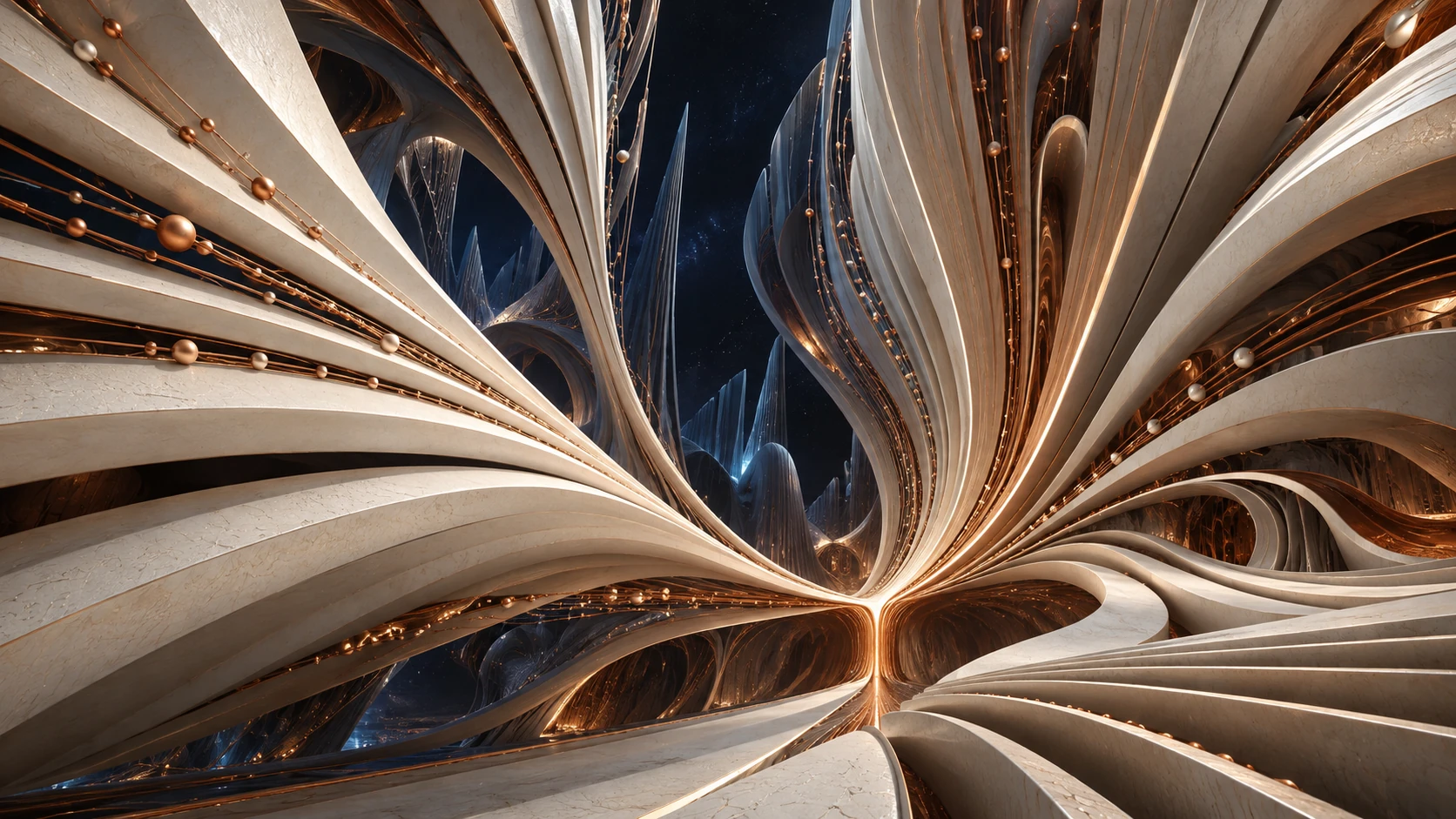 Monumental curved ivory fins and copper filaments sweep through deep navy space and converge into one luminous seam near the lower center.