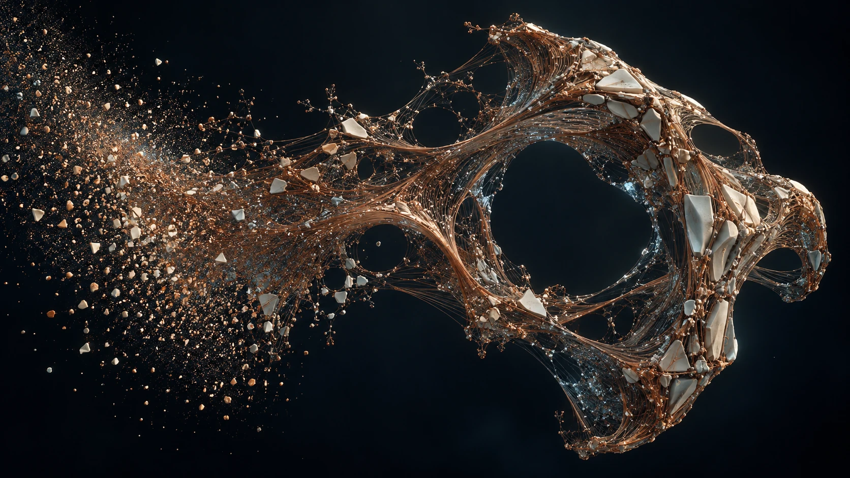 A cloud of copper threads and porcelain fragments gathers into an intricate suspended structure with large open cavities against midnight darkness.