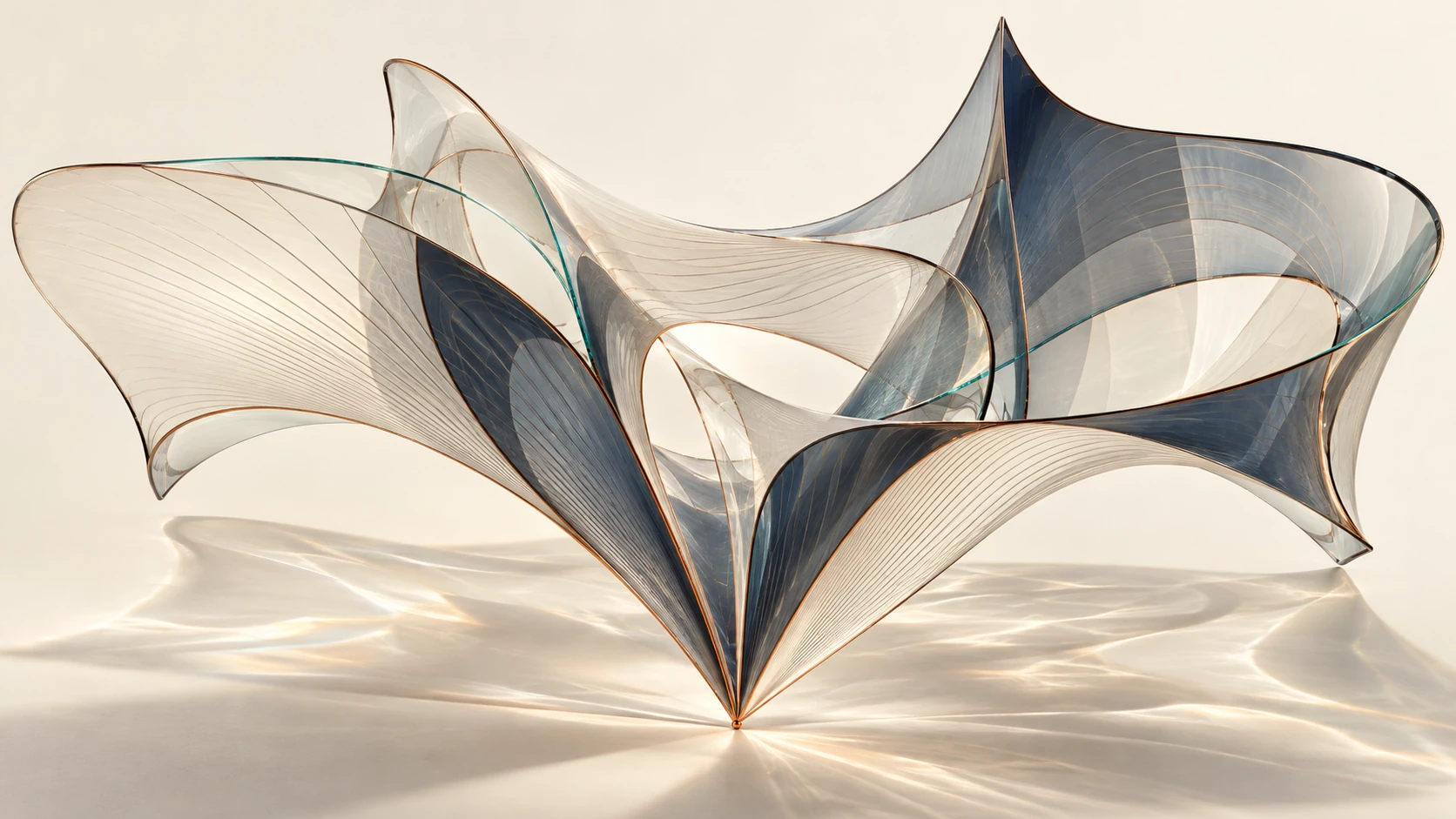 Translucent ivory and smoked-blue folded surfaces spread from a precise copper point, with delicate contour lines, fine copper edges, and refracted light.