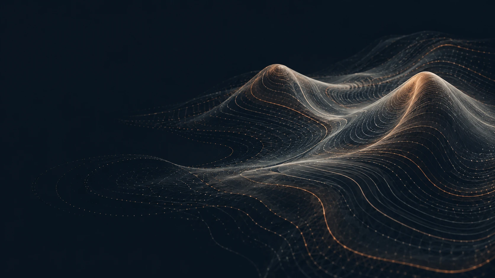 A sculptural contour landscape in midnight navy, fine pale lines, and warm copper highlights.